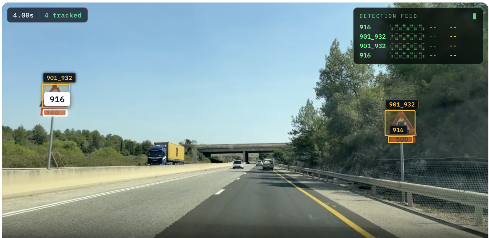 Field video showing detected roadwork warning signs on both sides of the road